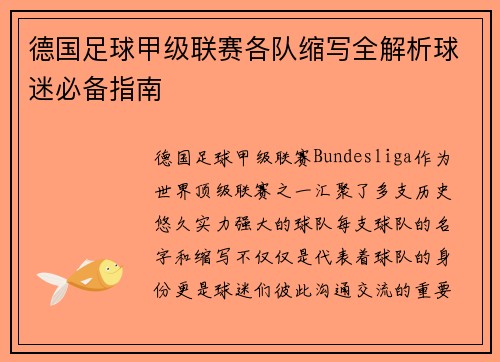 德国足球甲级联赛各队缩写全解析球迷必备指南