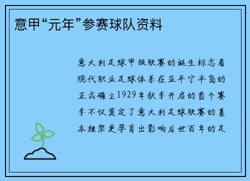 意甲“元年”参赛球队资料