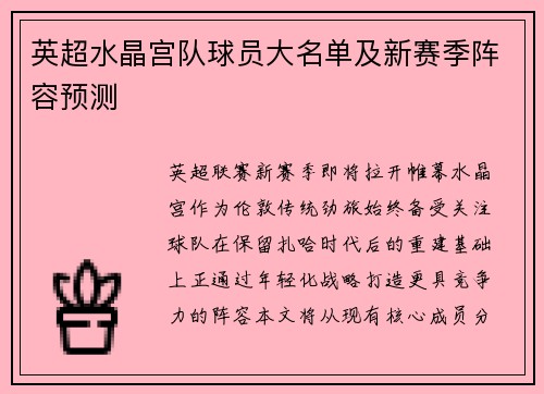 英超水晶宫队球员大名单及新赛季阵容预测